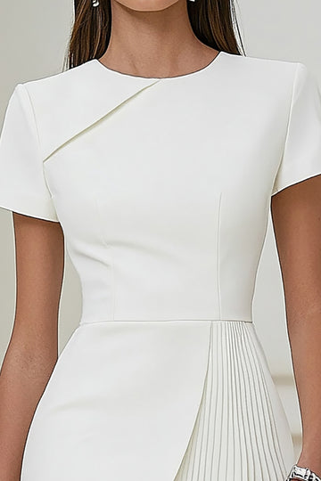 Bodycon Pleated Ivory Work Dress with Short Sleeves